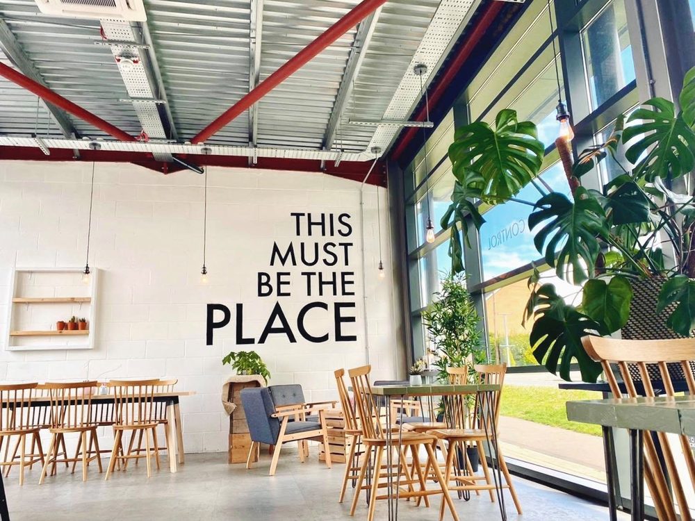 Inside Ground Control Coffee: the 'This must be the place' mural on a white block wall, red roof girders, wooden chairs and big monstera plants by floor-to-ceiling windows.